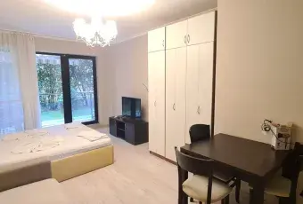 Гостиная комната со шкафами кроватью
