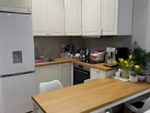 Вид на встроенную кухню, оборудованную новой бытовой техникой.